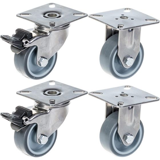 50mm 2" ruostumattomasta teräksestä valmistettu harmaa kumirosteri, jarru ja kiinteä, 160kg, 4 kpl:n setti