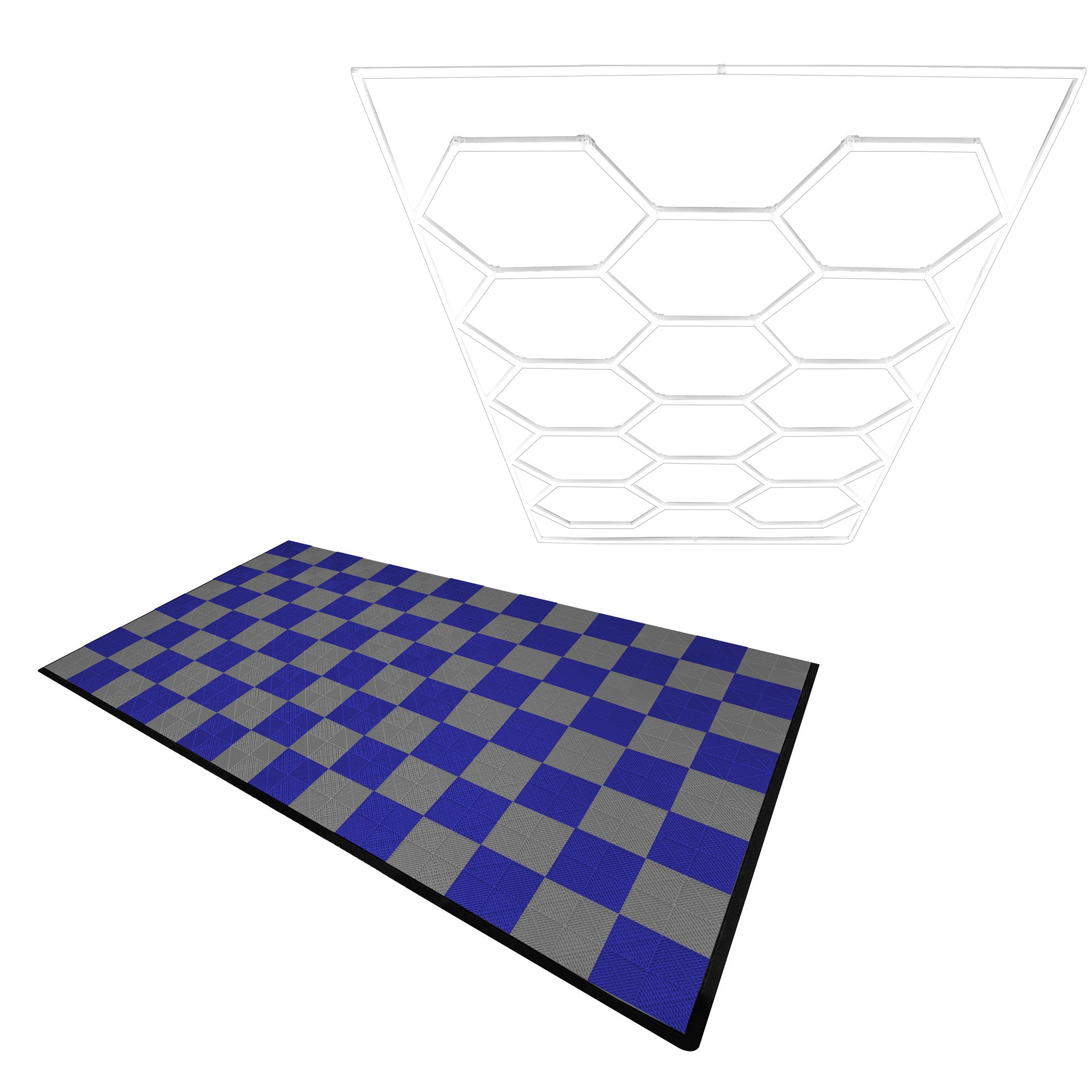 Kuusikulmainen LED-valo ja ritilälattialaatat autotallin reunoilla 60 harmaa ja 60 sininen