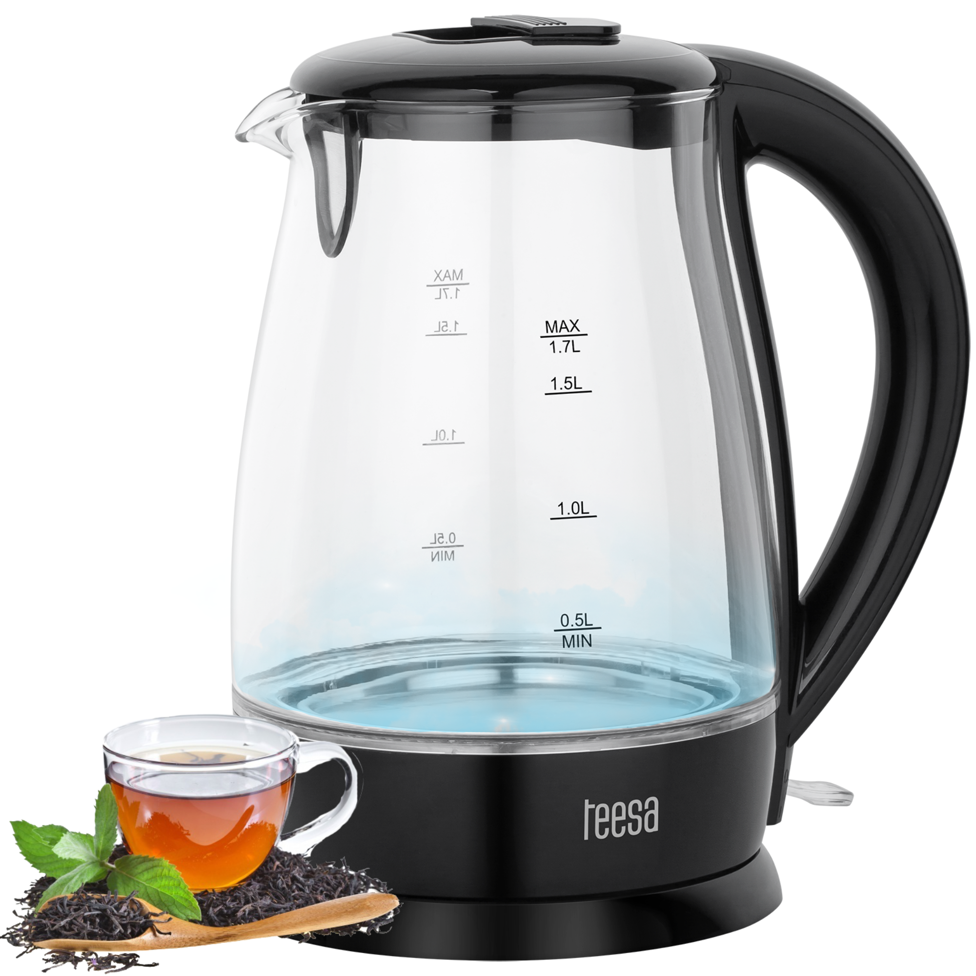 Teesa langaton vedenkeitin, lasinen, musta, 2200 W, 1,7 l