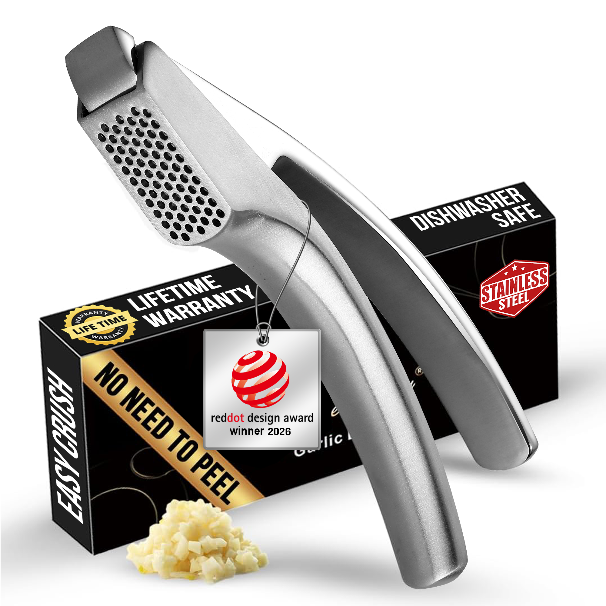 Gourmet Easy Garlic Press No Peeling Needed, Stainless Steel Mincer with Detachable Handle