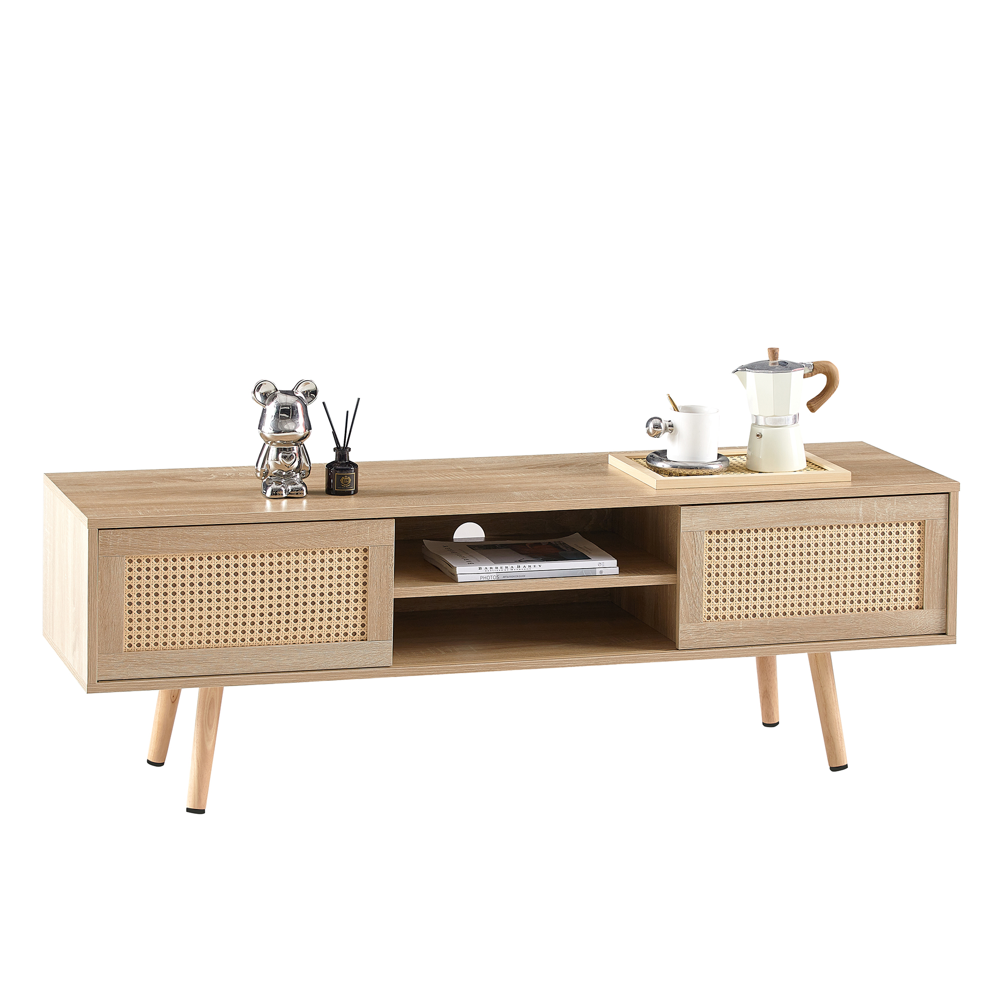 TV-taso 140x45x40 cm luonnonpuun värisenä puinen lastulevytaso rattan-koristeella säilytyksellä ja liukuovilla