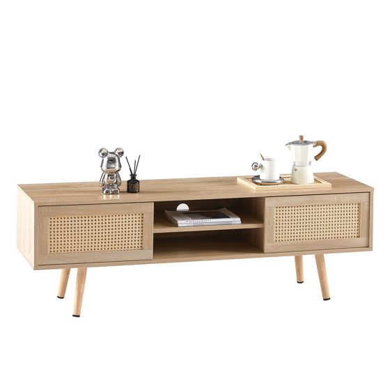 TV-taso 140x45x40 cm luonnonpuun värisenä puinen lastulevytaso rattan-koristeella säilytyksellä ja liukuovilla