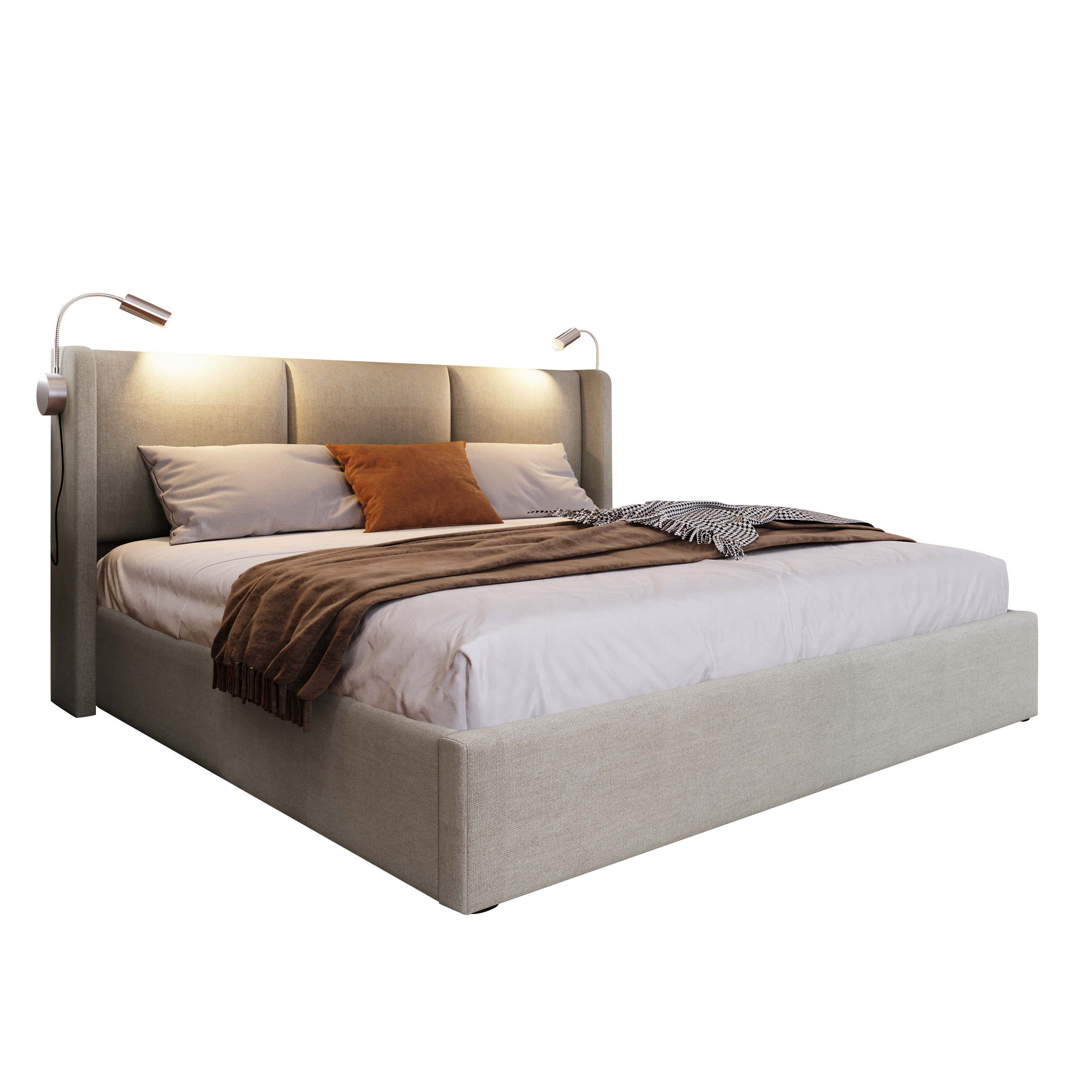 sänky 180x200 cm turva-aidat ja säilytystila LED-valaistus ja USB-lataus kermanvärinen kangas