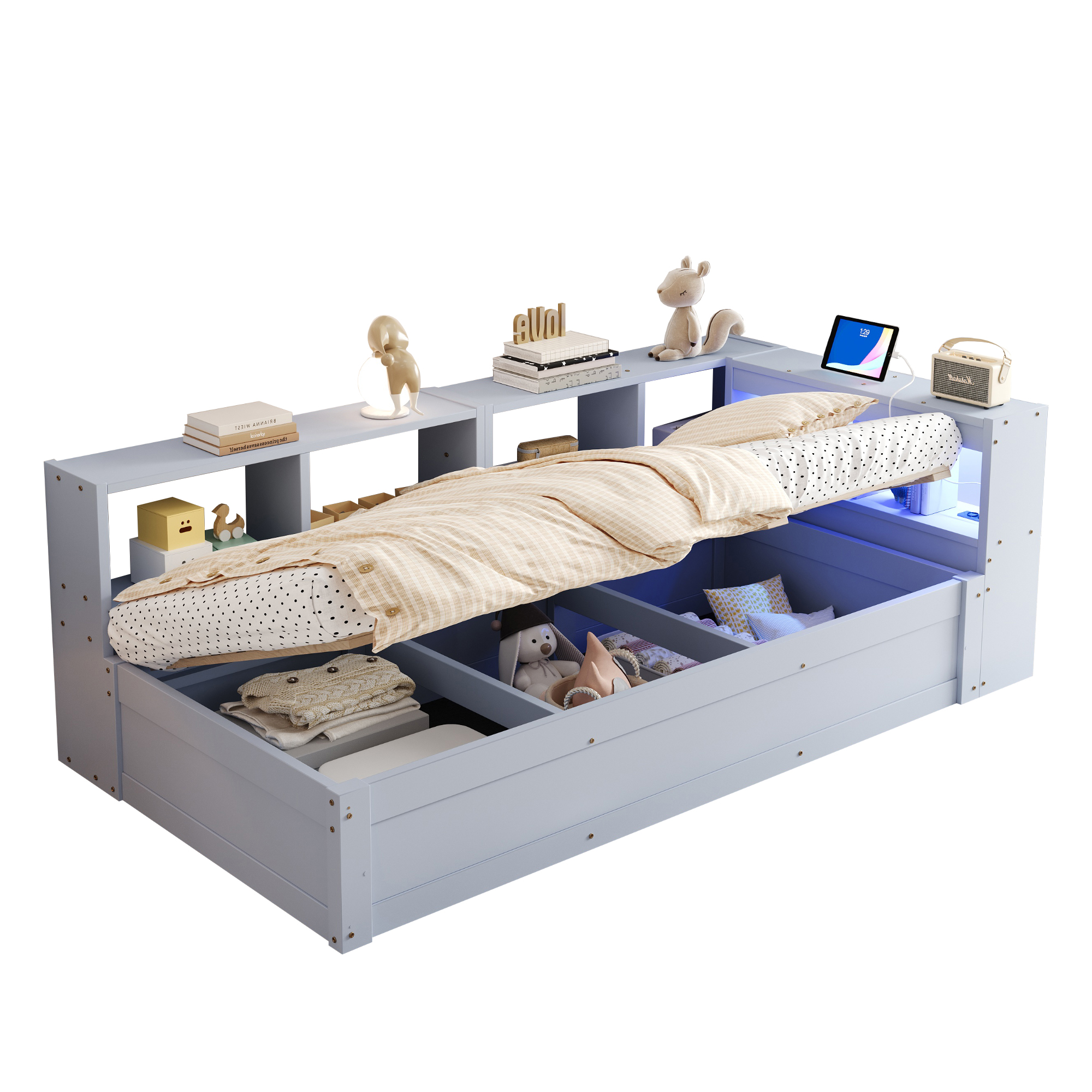 sänky 90x200 cm turva-aidat säilytystila LED-valaistus harmaa MDF