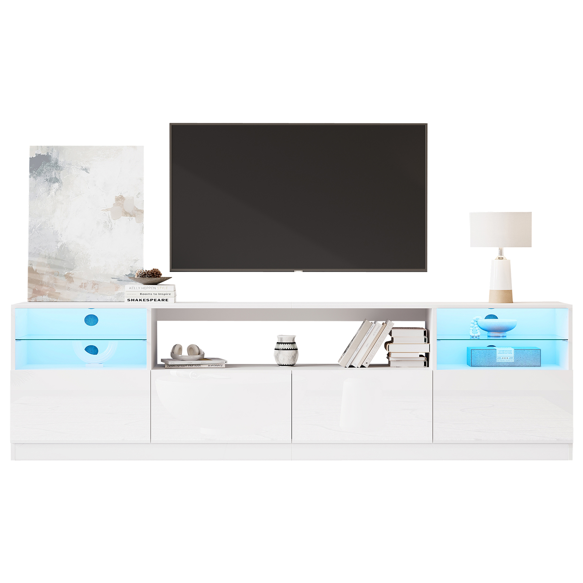 TV-taso 180x35x60 cm valkoinen lastulevy säilytyksellä ja LED-valaistuksella