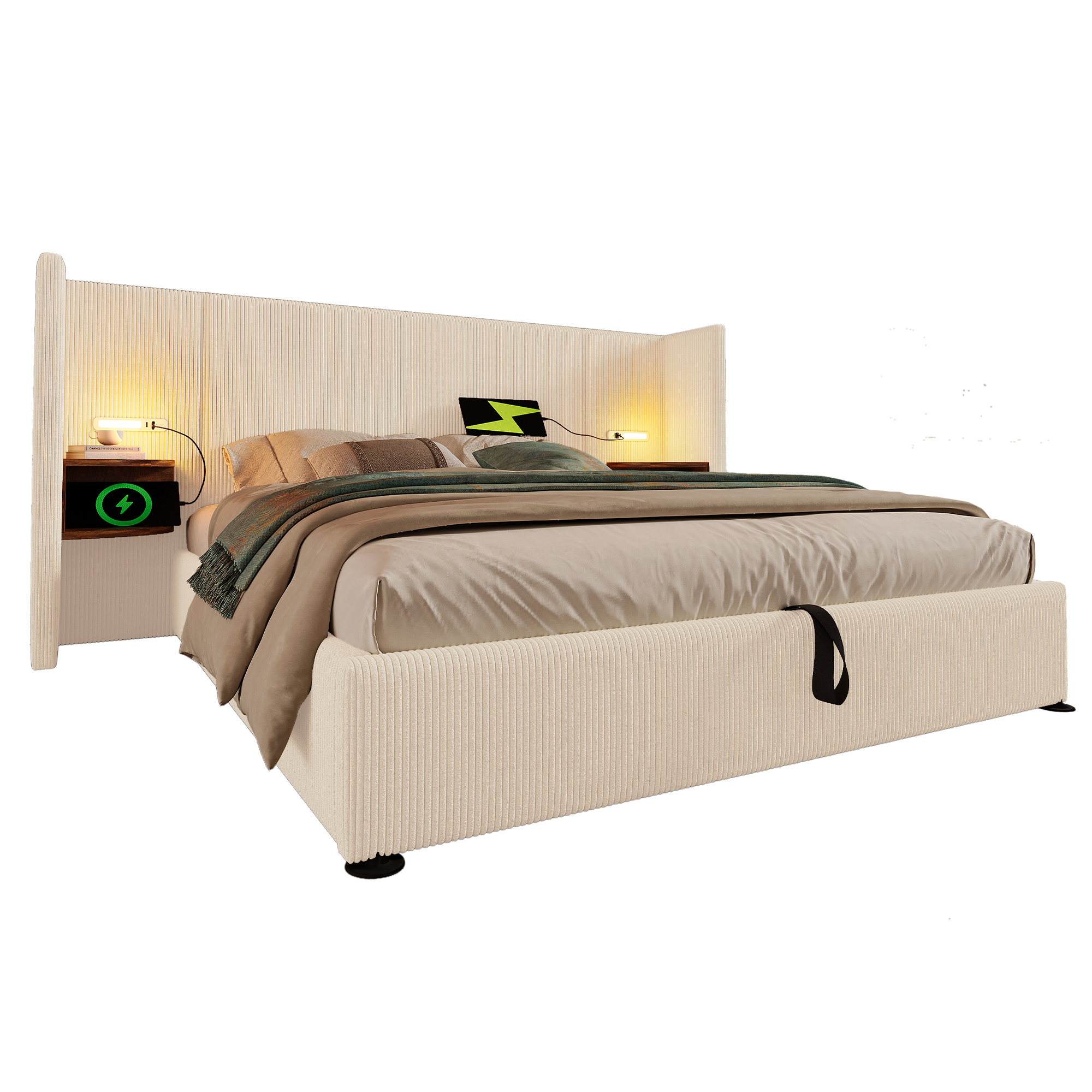 sänky 160x200 cm LED-valaistus ja USB-lataus, beige-valkoinen kordinen sängynrunko