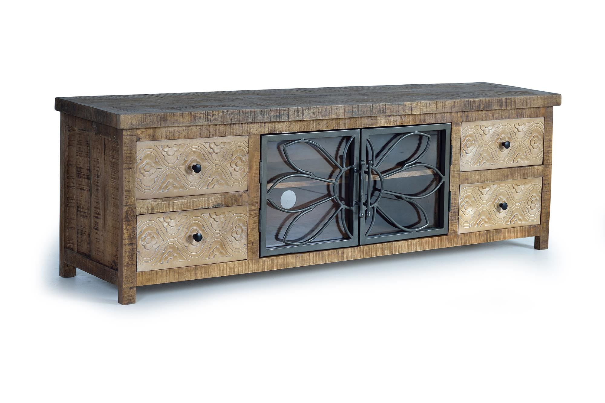 TV-taso mangopuusta ja vanhennetusta ruskeasta metallista