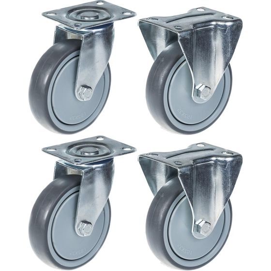 125 mm:n (5 tuuman) pyörät, harmaat kumirenkaat, kääntyvät ja kiinteät, kestävät 520 kg:n kuormituksen, 4 kpl:n sarja