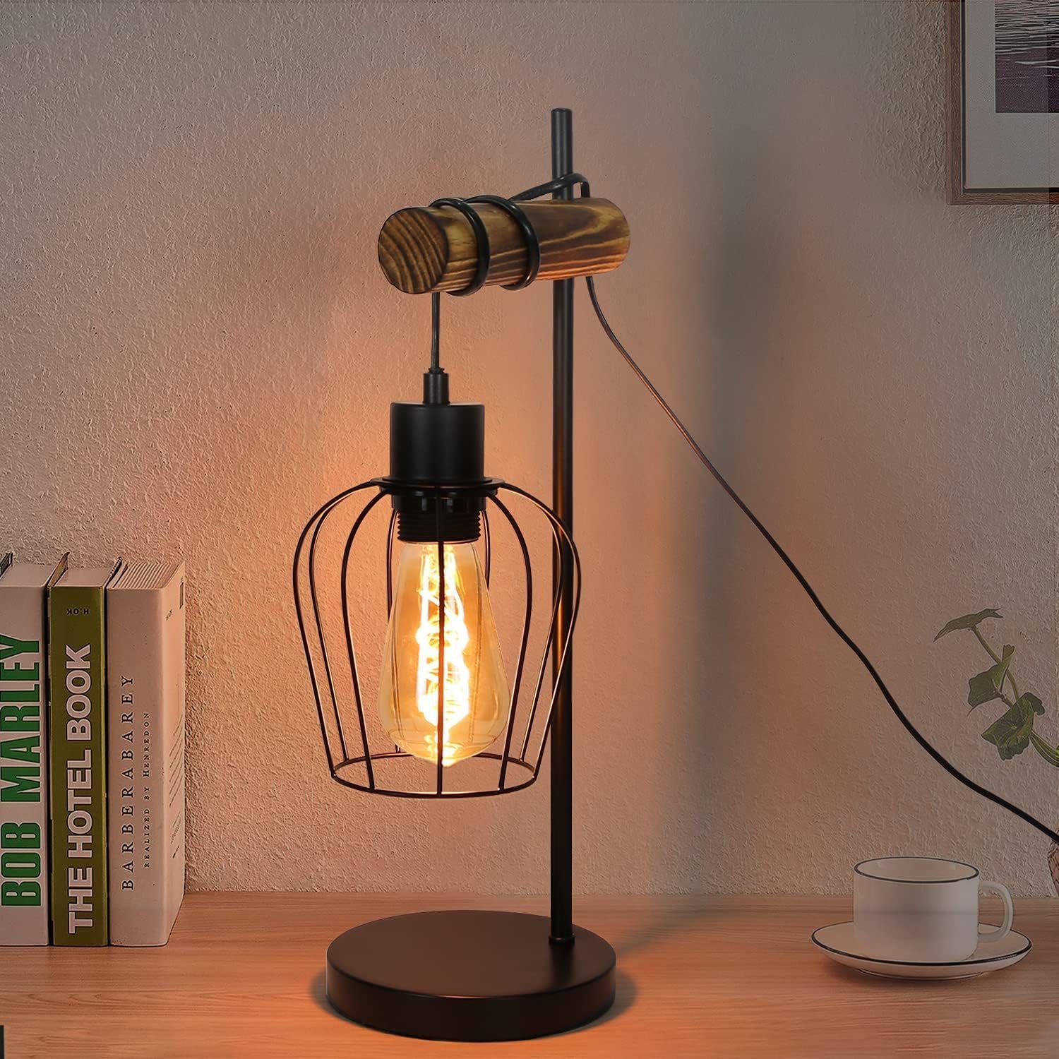 NETTLIFE Retro Pöytävalaisin, 1 Liekki Vintage Yöpöytävalaisin, Metallia ja Puuta - Musta - Kanta: E27 - Katkaisija, Sisältää Polttimot