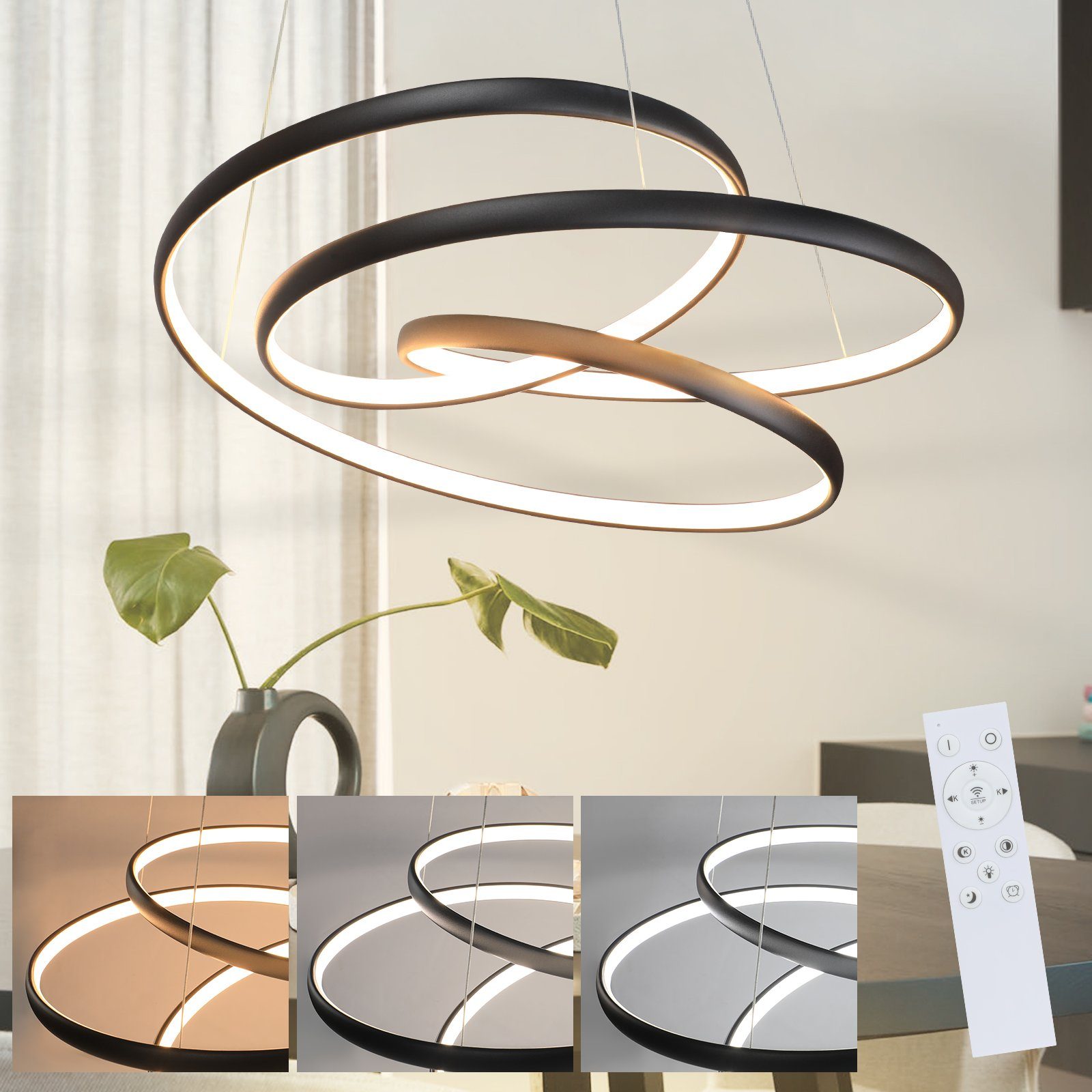 NETTLIFE LED - riippuvalaisin, musta rauta, halkaisija 24cm himmennettävä, 50 cm, moderni riippuvalaisin Kaukosäätimellä olohuoneen, lamppu 55W