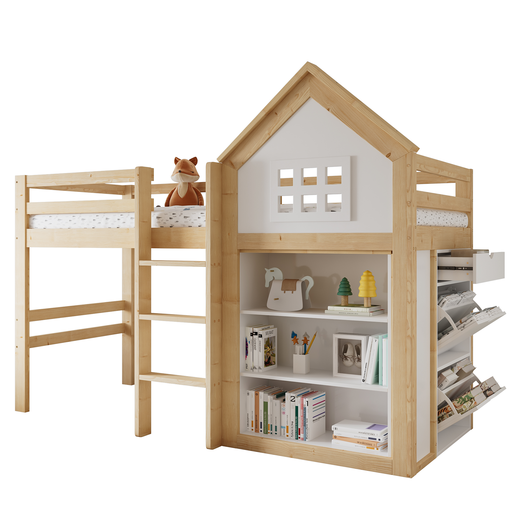 Korokevuode 90x200 cm valkoisena+luonnonvärisenä säilytyslokeroiden ja laatikoiden kanssa