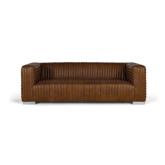 Vintage-tyylinen nahkaverhoiltu sohva teräsjaloilla, 3 istuttavaa