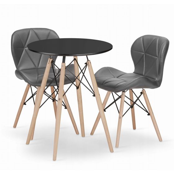 Pyöreä pöytä TODI 60, musta, 2 LAGO-tuolia, harmaa