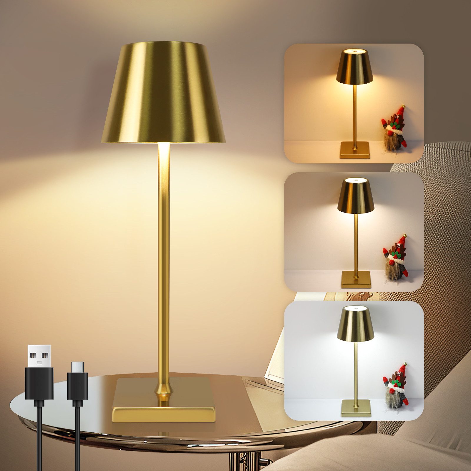 NETTLIFE Vintage, Gold, LED - pöytävalaisin, Langaton Kosketushimmennettävä, yöpöytävalaisin, 3Värilämpötilalla