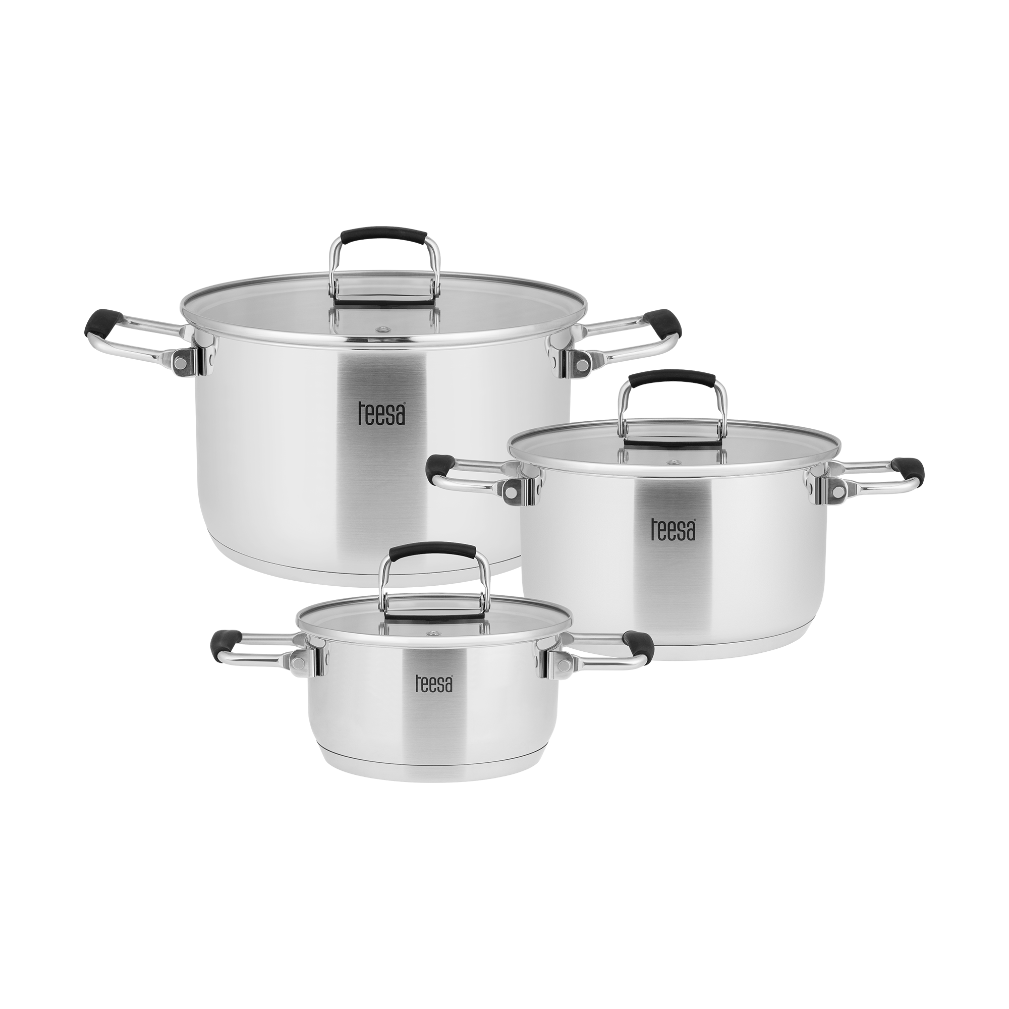 TEESA-kattilasetti, 6 osaa, ruostumatonta terästä, karkaistua lasia, induktioliesi