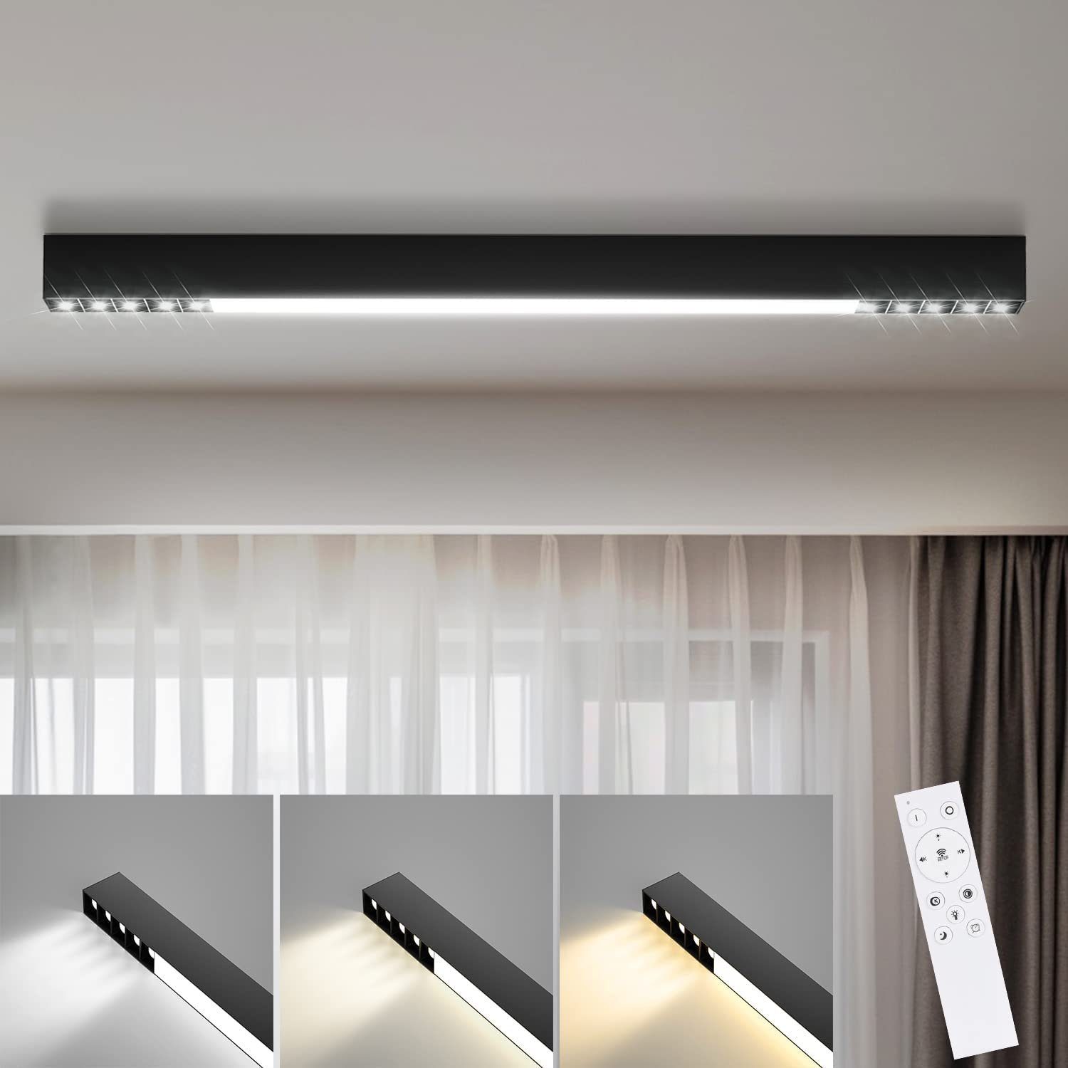 NETTLIFE LED - kattovalaisin, musta 25W pitkä, moderni himmennettävä, olohuoneen lamppu Kaukosäätimellä 80cm toimistoon ja makuuhuoneeseen