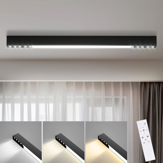 NETTLIFE LED - kattovalaisin, musta 25W pitkä, moderni himmennettävä, olohuoneen lamppu Kaukosäätimellä 80cm toimistoon ja makuuhuoneeseen