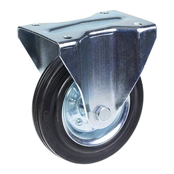 160 mm kiinteä pyörä, jossa musta kumi puristetun teräksen keskipyörällä.