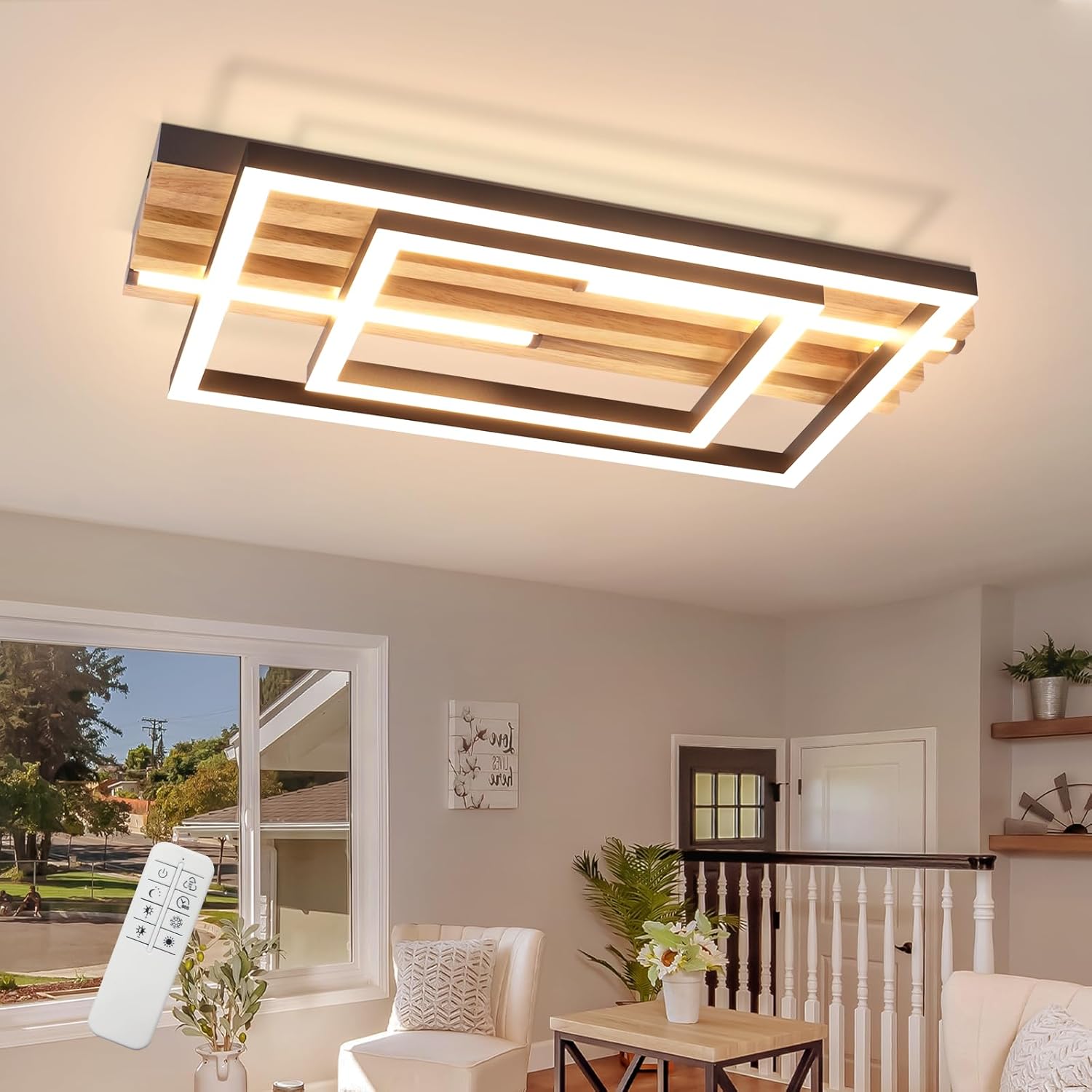 ZMH LED-kattovalaisin olohuoneeseen 34 W 38 cm moderni puinen kattovalaisin muistitoiminnolla ja kaukosäätimellä