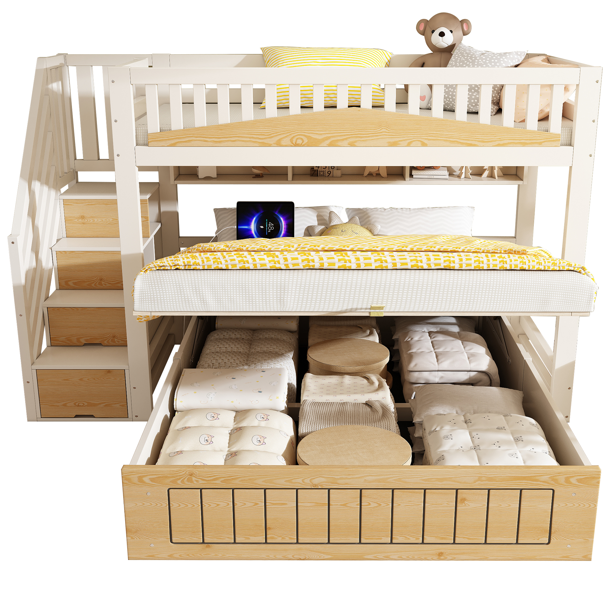 Kerrossänky, 90x200 ja 140x200 cm, hydraulinen säilytys, USB, valkoinen, puu, ei patjaa