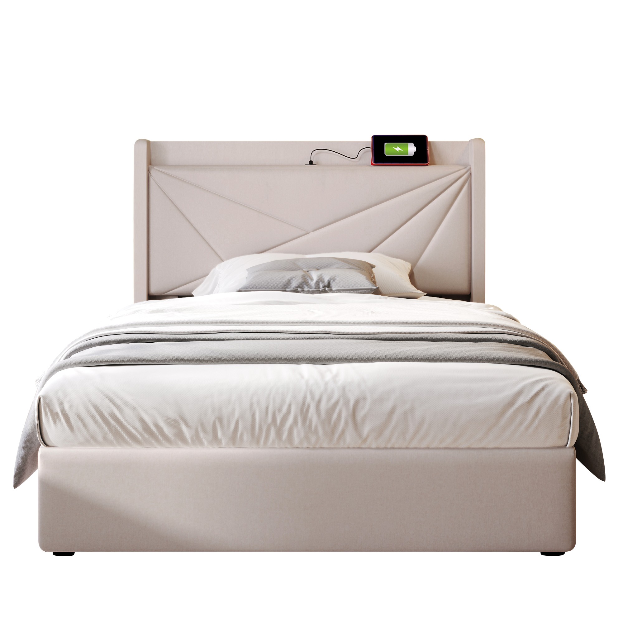 sänky 90x200 cm säilytystila ja USB-tyyppi-c-lataus, beige, kangas