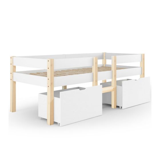Lastensänky 90 x 190 cm laatikolla ja turvalaidalla, massiivimäntyä, valkoinen ja tammi