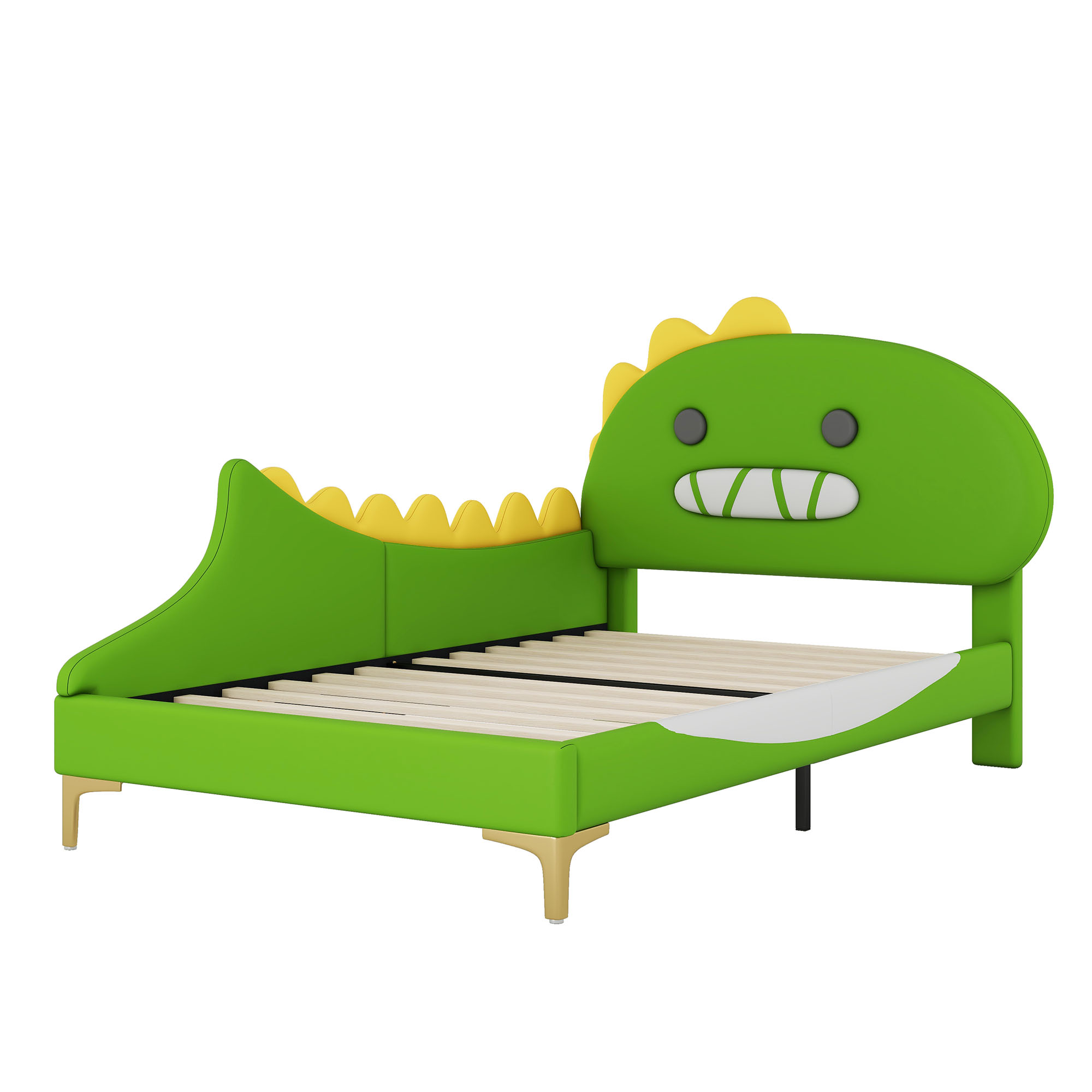 Lastensänky 90x200cm sarjakuvadinosauruksen muotoinen parisänky PU+MDF vihreä ilman patjaa