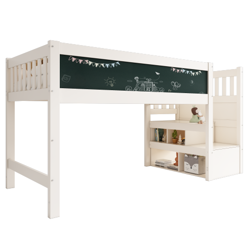 Opiskeluloft-sänky, 90x200cm, valkotaululla liitutaululla varustettu turvakisko, valkoinen