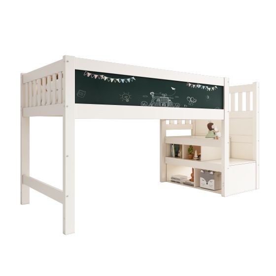 Opiskeluloft-sänky, 90x200cm, valkotaululla liitutaululla varustettu turvakisko, valkoinen