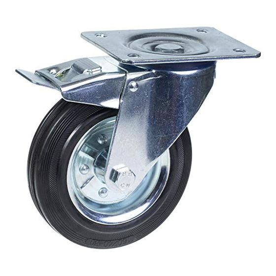 200 mm:n kääntyvä/jarrullinen kääntöpyörä, jossa on musta kumi puristetun teräksen keskipyörällä.