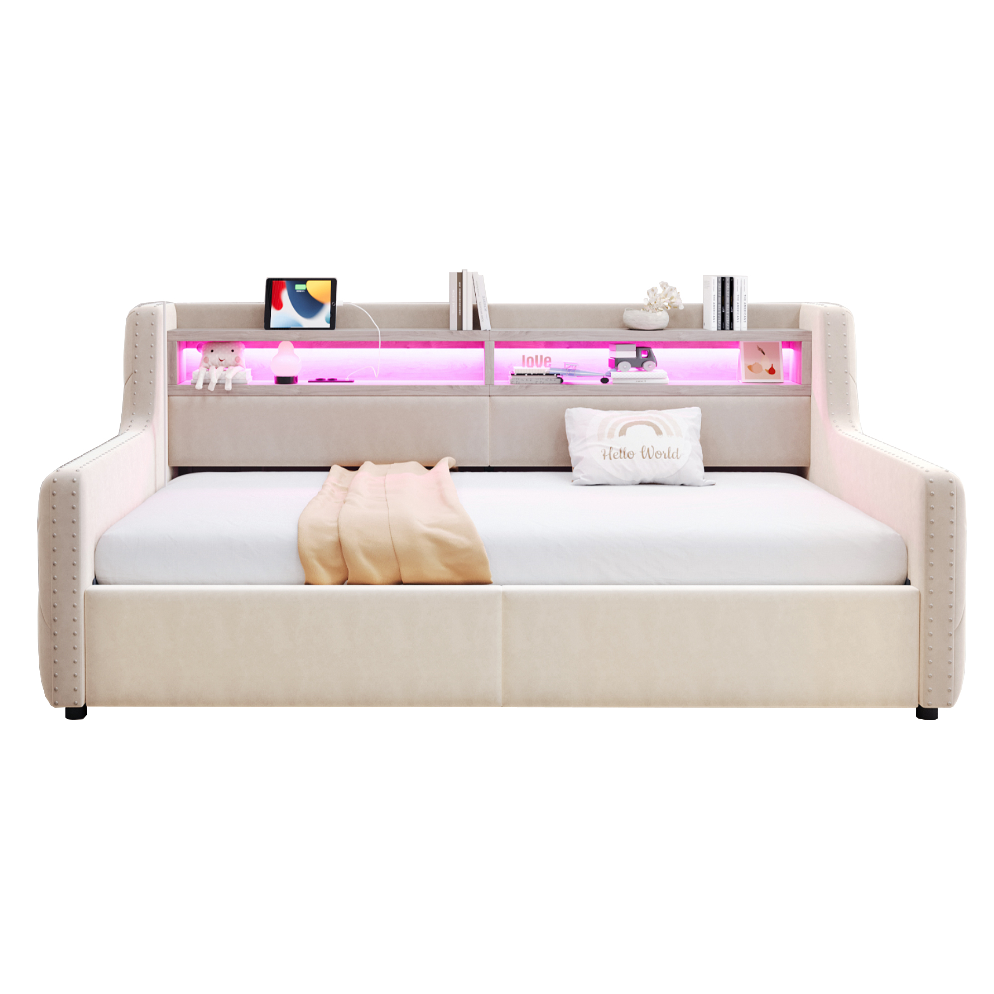 sänky 90x200 cm turva-aidat säilytystila LED-valaistus valkoinen puinen