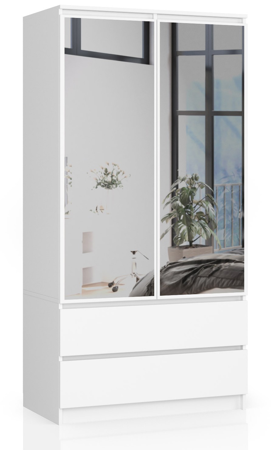 Akord Vaatekaappi 2-ovinen 2-laatikollinen 2-peilinen Valkoinen 90x51x180