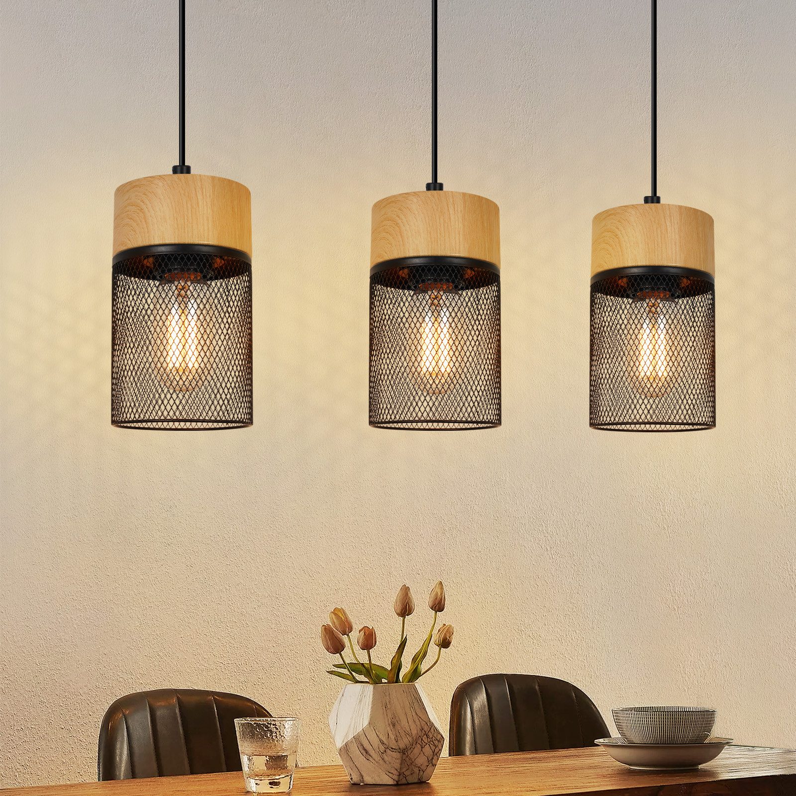 NETTLIFE Vintage - riippuvalaisin, puukuvio, ruokapöytä, musta, teollinen, E27, 25 W, riippuvalaisin