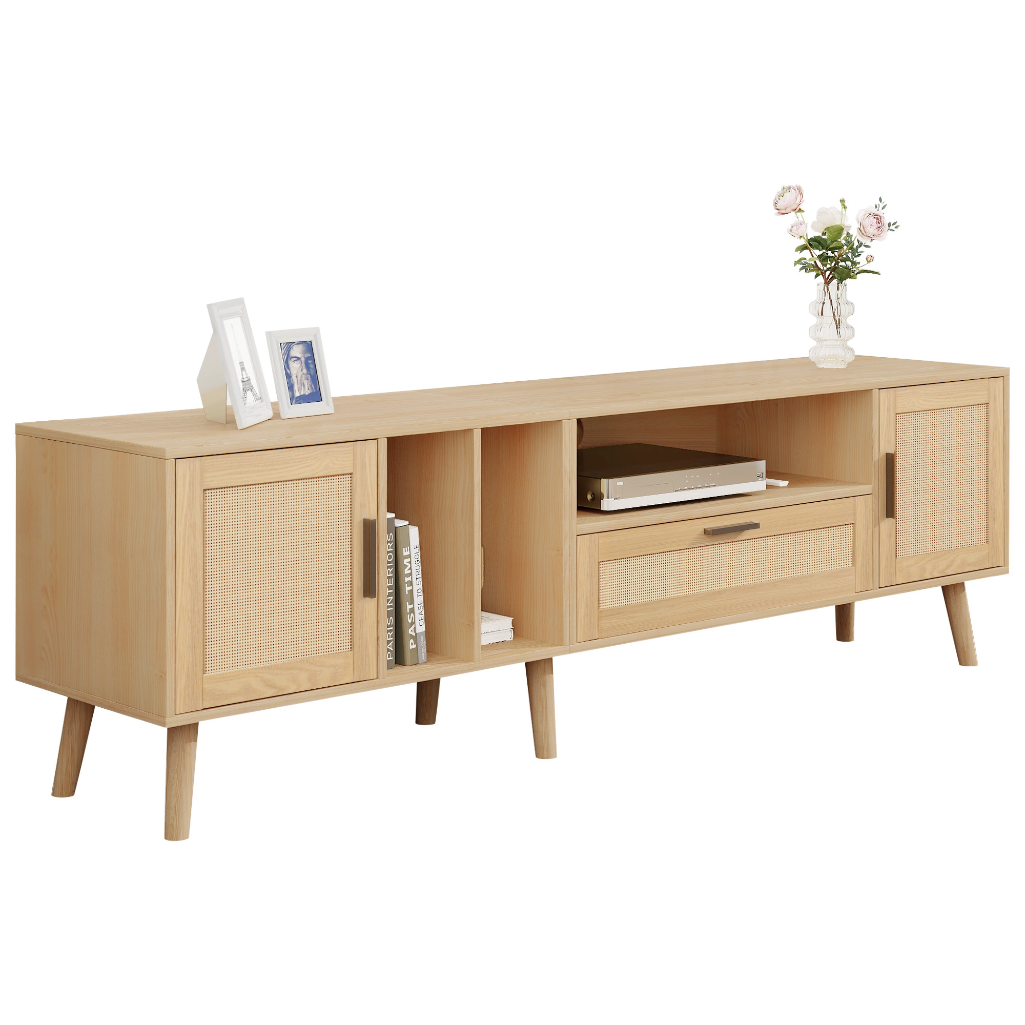 TV-taso 180x40x50 cm tammen värinen lastulevy säilytyksellä ja rattan-koristeella