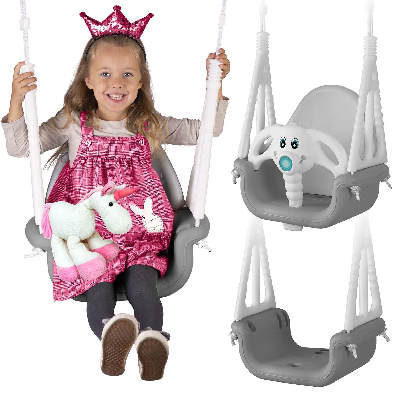 Ricokids 3-in-1 norsu-ämpärikeinu, harmaa ja valkoinen