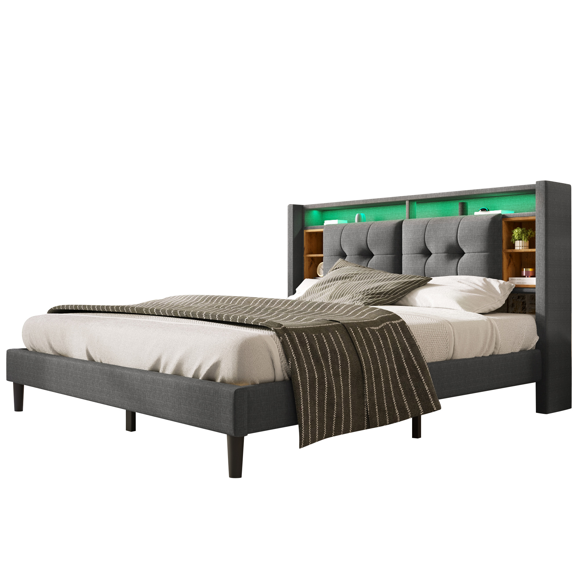 sänky 160x200 cm säilytystila kopfteil, LED-valaistus, USB-lataus, harmaa, puinen