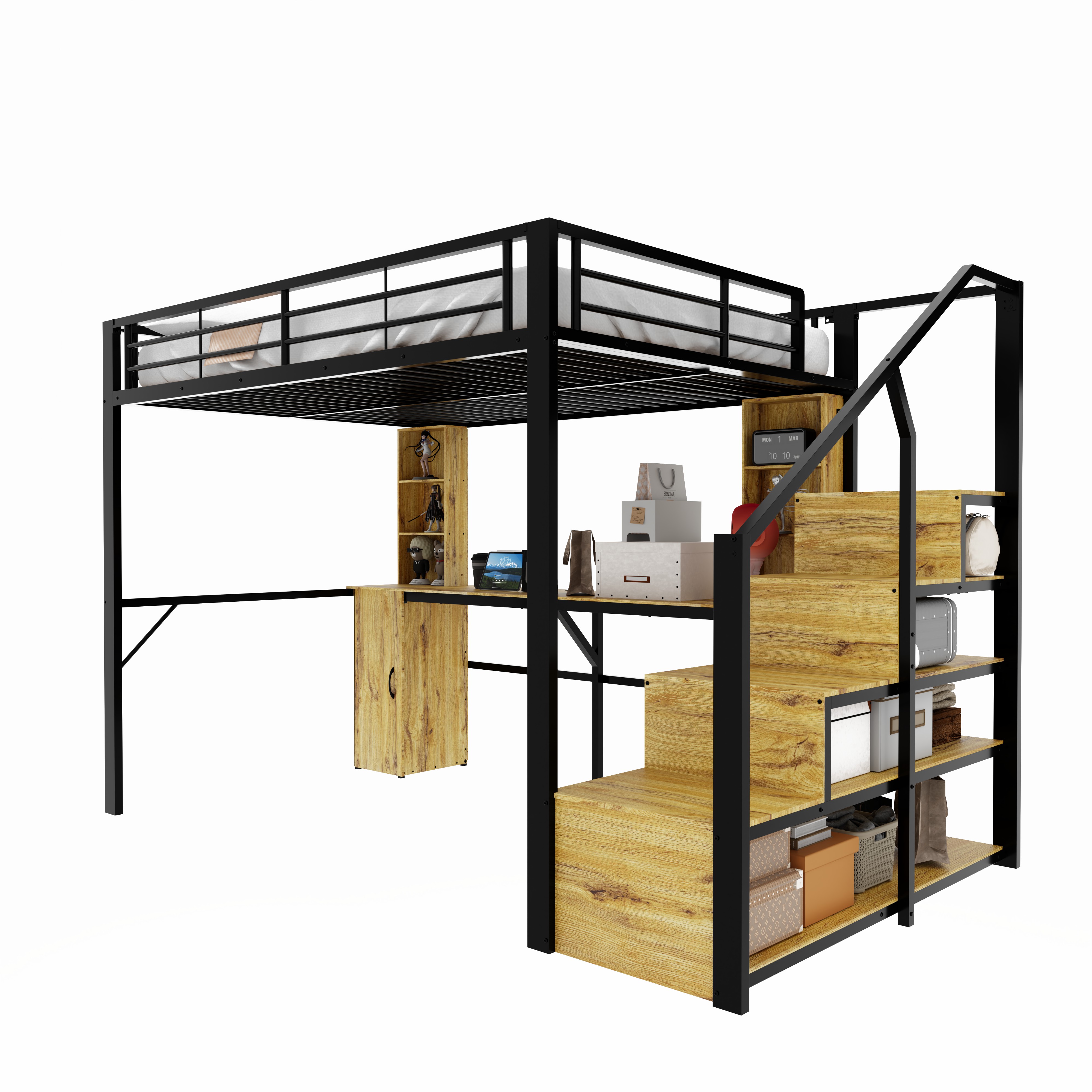 Hochbett 140x200 cm turva-aidoin, säilytystila, kirjoituspöytä, USB-lataus, musta, metalli ja MDF