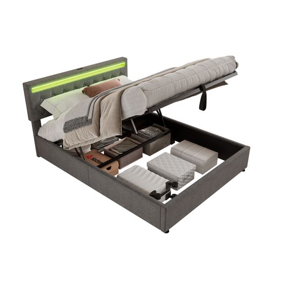 Verhoiltu sänky 160 x 200 cm, parisänky säilytystilalla sekä USB- ja Type-C-porteilla, harmaa