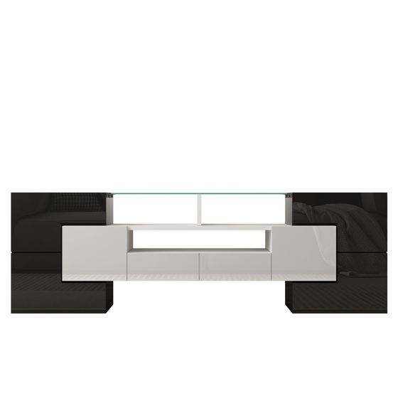 TV-taso 145x30x51 cm valkoinen musta lastulevy säilytyksellä ja LED-valaistuksella