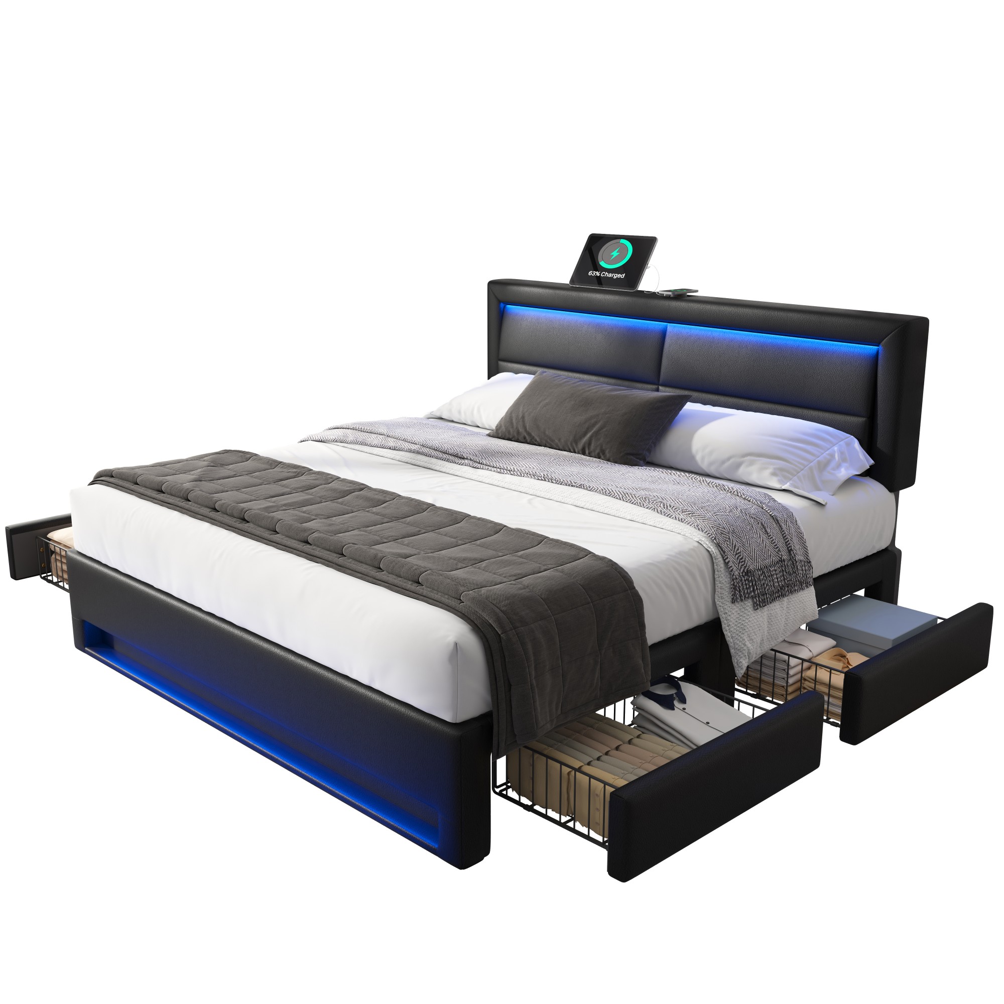 Pehmustettu sängynrunko 140x190cm, USB-liitäntä, LED-valaistus, musta