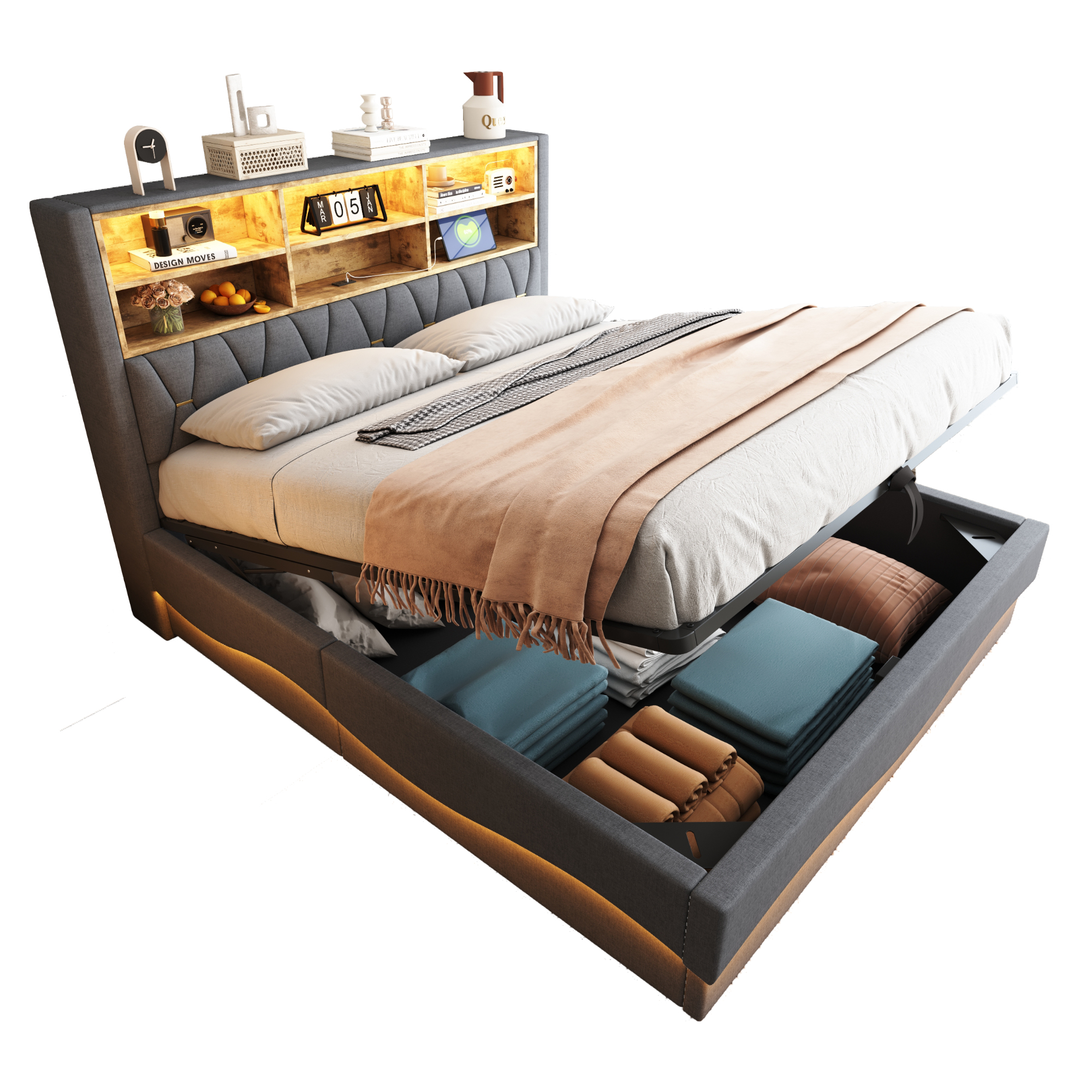 Älykäs verhoiltu sänky, 180x200cm, App LED, hydraulinen säilytystila harmaalla pellavalla