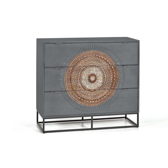 Mangopuusta valmistettu lipasto, jossa on harmaat ja ruskeat metallijalat