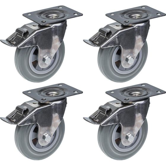 160mm 6" ruostumattomasta teräksestä valmistettu harmaa kumirosteri, pyörivä jarrullinen, 540kg, 4 kpl:n sarja.