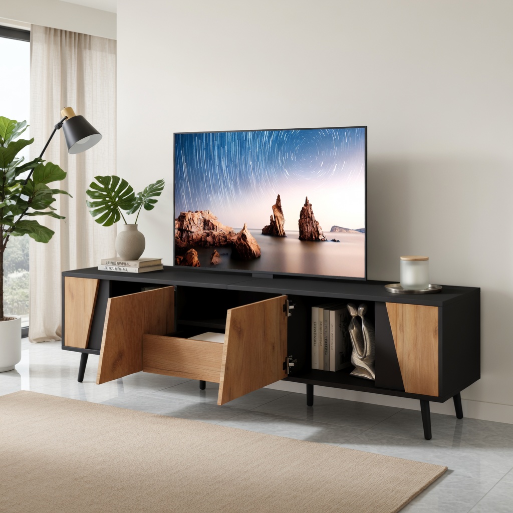 TV-taso 180x40x46 cm musta ja luonnonväriinen lastulevy metallitukijaloilla säilytyksellä ja liukuovilla