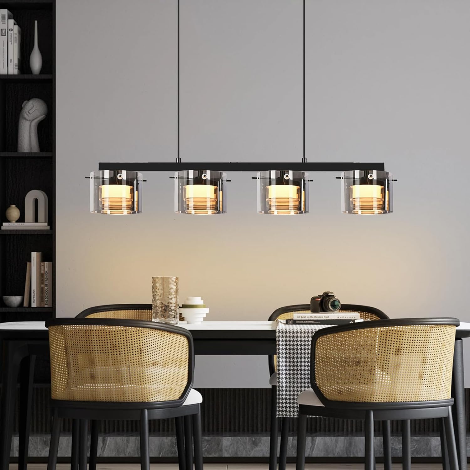 NETTLIFE 4-lamppuinen LED-lasiriippuvalaisin, moderni kattokruunu säädettävällä korkeudella 140 cm ruokapöydälle, olohuoneeseen, keittiöön