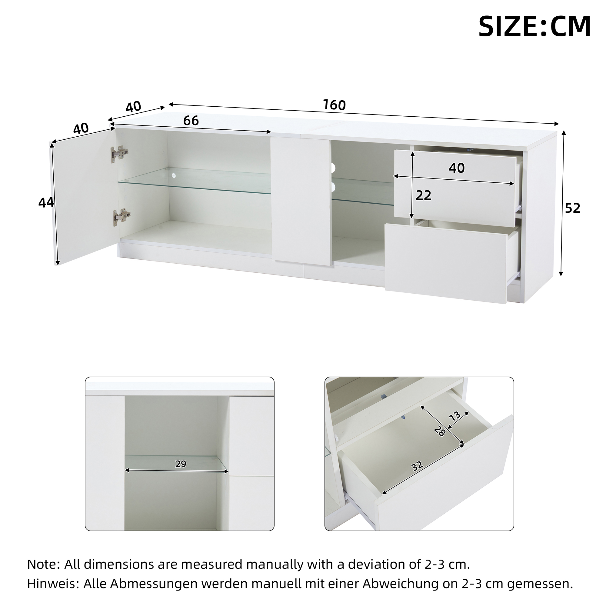 TV-taso 160x40x52 cm valkoinen MDF säilytyksellä ja LED-valaistuksella