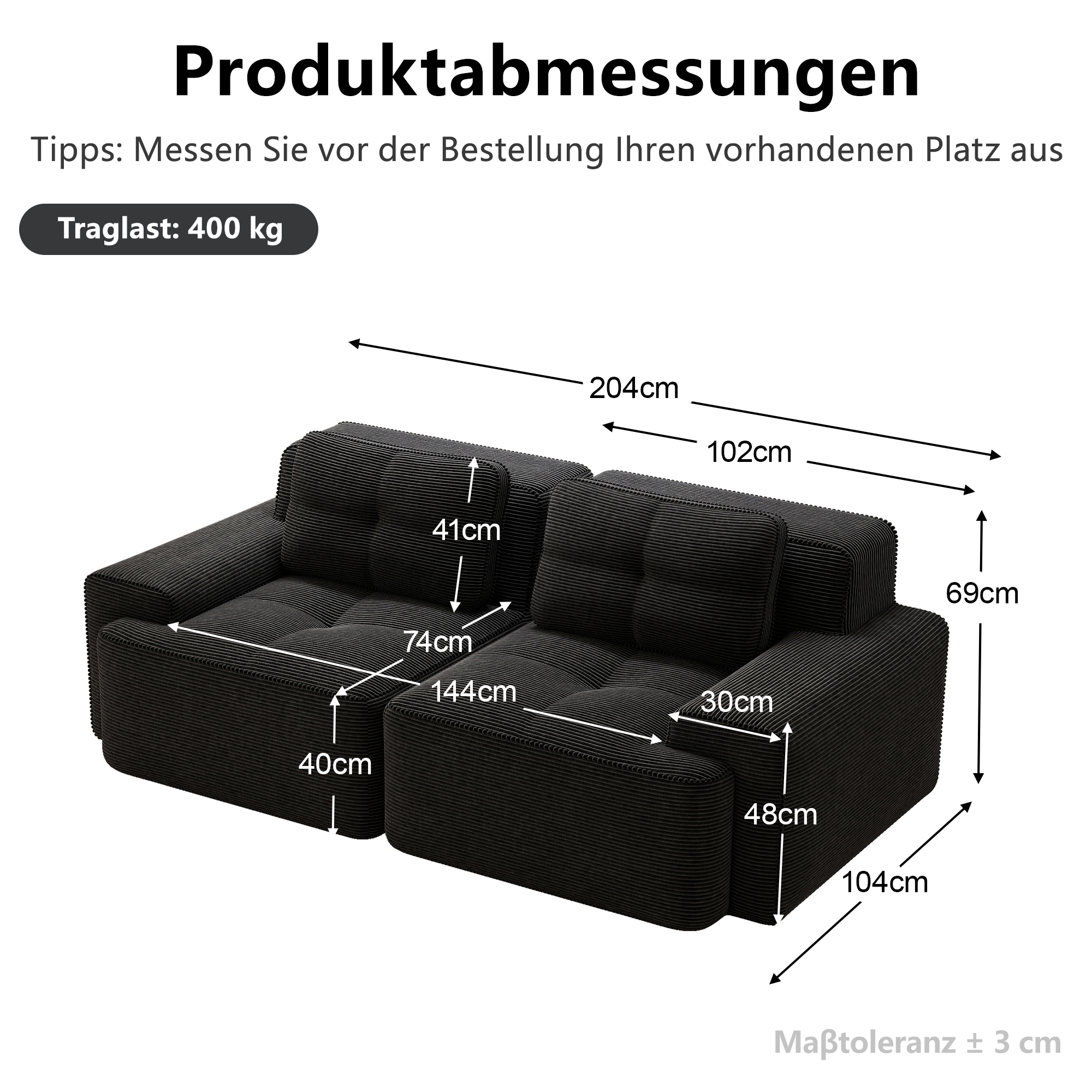moduulisohva 3-paikkainen musta kankas moderni vuodesohva