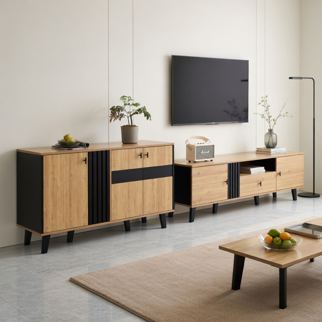 TV-taso 170x40x50,5 cm luonnonväri puinen ja lasi säilytyksellä ja liukuovilla