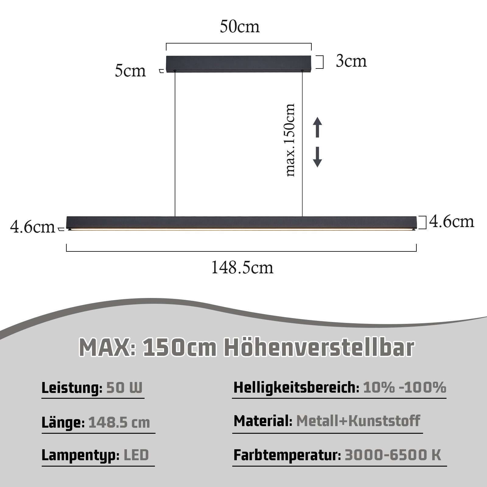 ZMH-riippuvalaisin, ruokailutilan kattokruunu, 148 cm, musta lineaarinen riippuvalaisin, 50 W himmennettävä keittiön kattokruunu