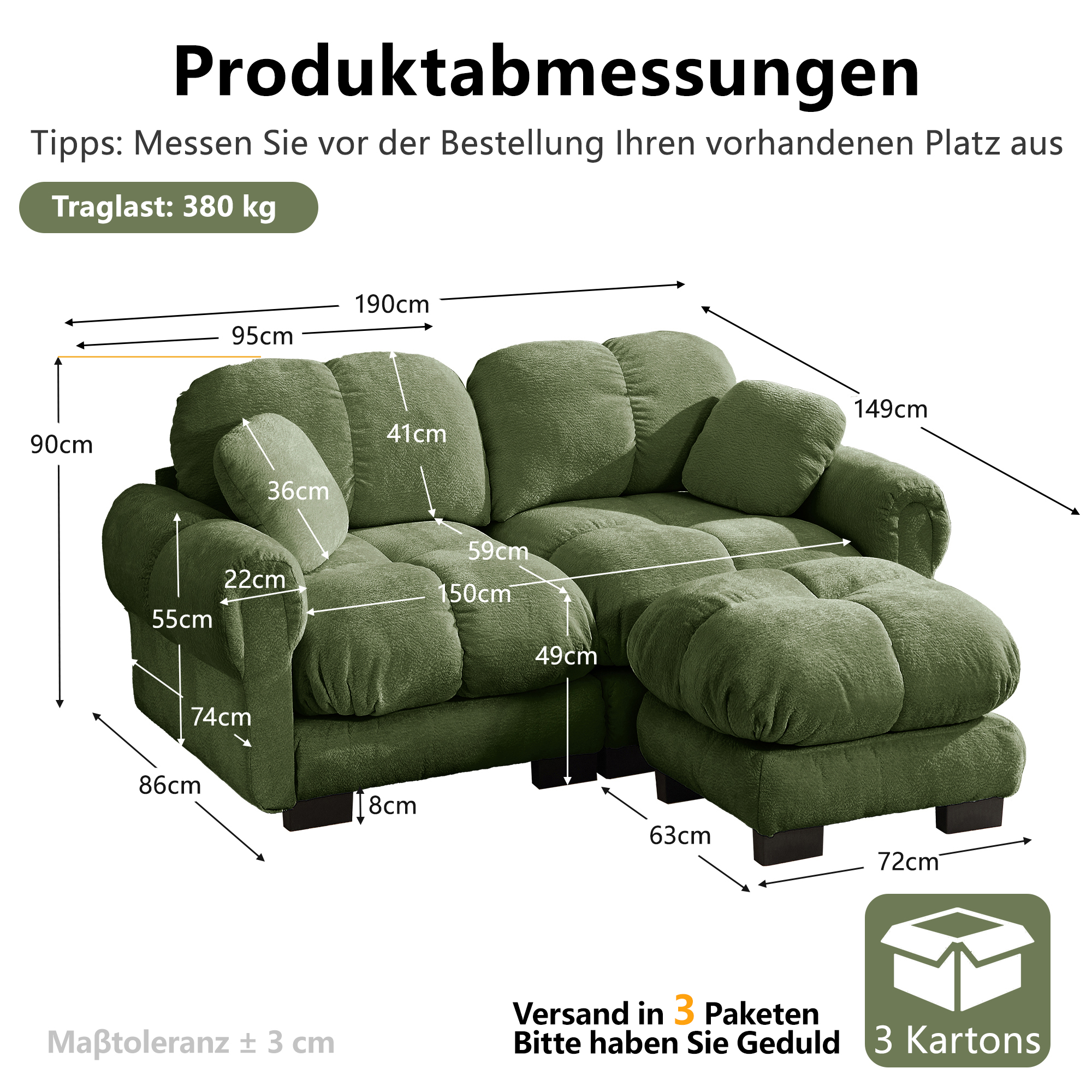 moduulisohva 3-paikkainen vihreä chenille moderni säilytystilalla varustettu